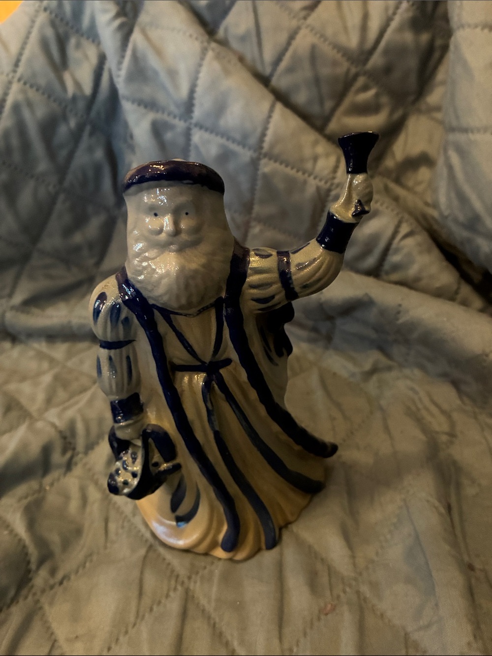 Vintage Signed Blue and Cream Ceramic Santa Figurine Decorative Home Art